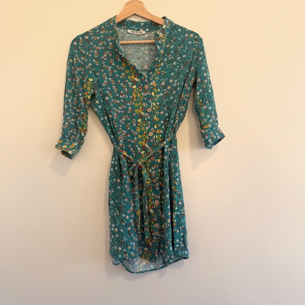Vertiche women midi mini dress 3/4 sleeve casual tie belt Floral Teal Dress S